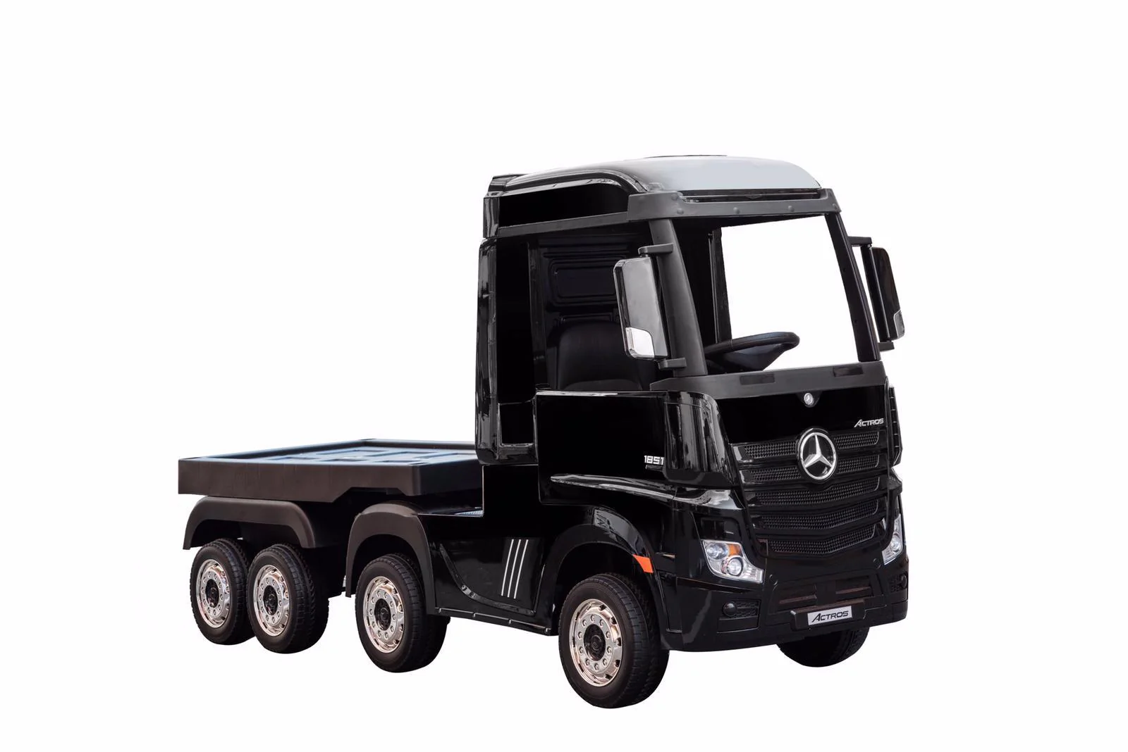 Black Mercedes Actros trailer electric ride-on toy with Eva rubber wheels, isolated on white background