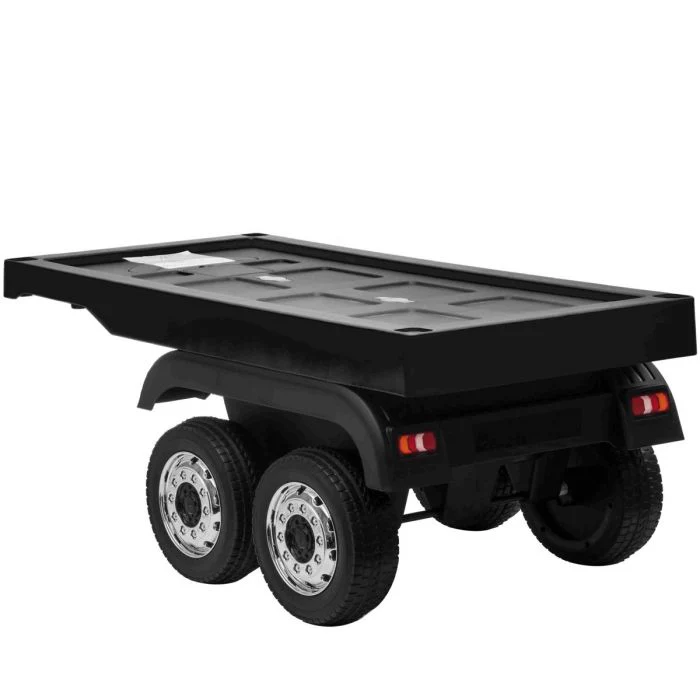 Black electric ride-on Mercedes Actros trailer with Eva rubber wheels for kids on a white background