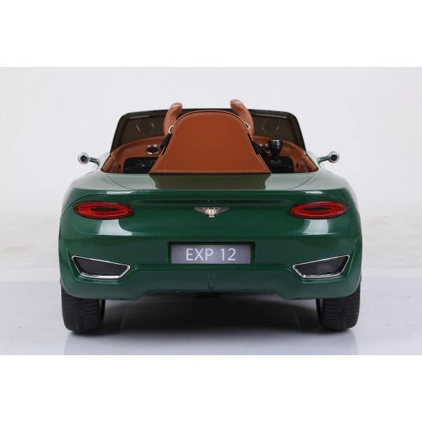 "Green Bentley GT EXP12 Kids Electric Ride on Car 12 Volt from Kids Car Store, viewed from the rear."