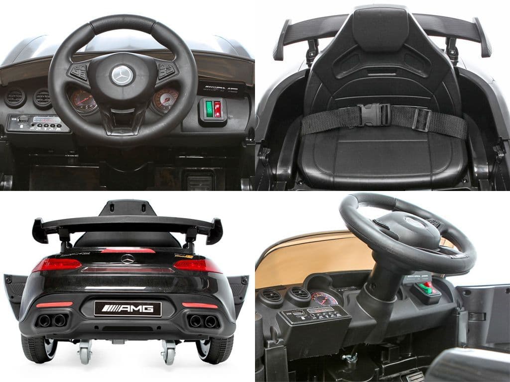 Black Mercedes AMG GTR 2 Seater Electric Ride-On car with steering wheel, safety belt seat, rear-view exhaust and dashboard features