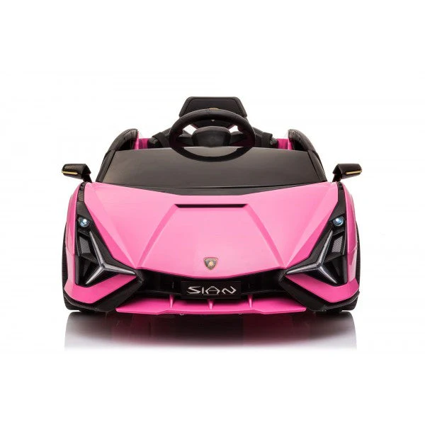 "Pink Lamborghini Sián electric ride-on car for kids with MP4 screen and parental control against a white background"