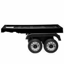 Black Mercedes Actros flatbed utility trailer with dual Eva rubber wheels for children's electric ride, on white background".