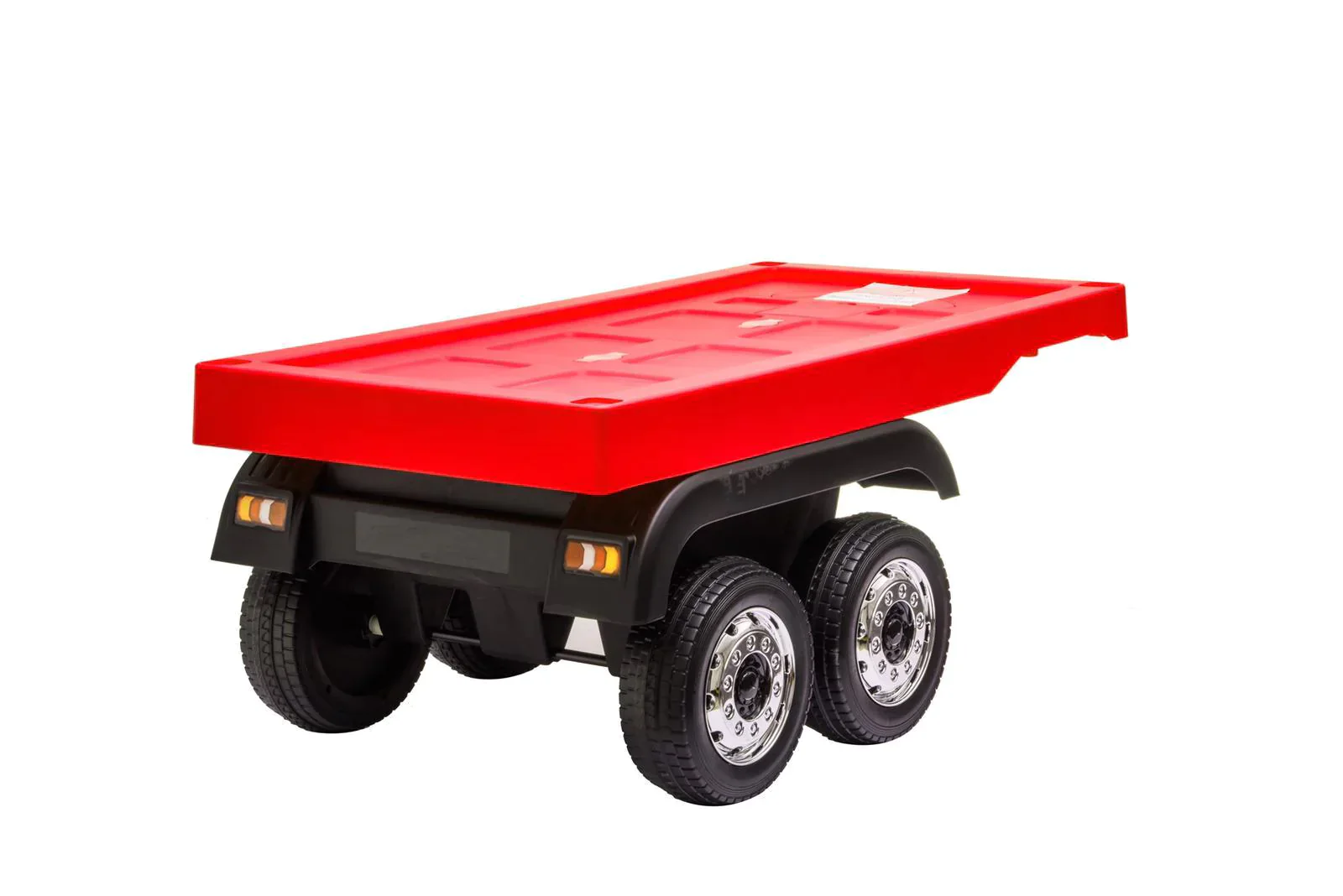 Red and black Mercedes Actros kids car with Eva rubber wheels, electric ride-on style, isolated on a white background.