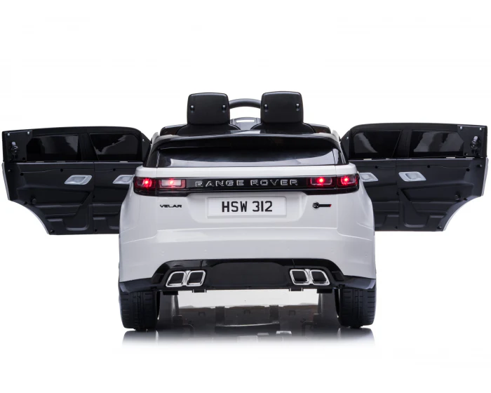 White Range Rover Velar Autobiography SV electric ride-on car for kids with open trunk and rear doors