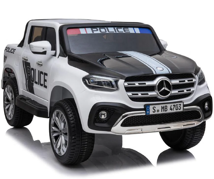 Electric ride-on toy police car designed for kids modeled after a Mercedes X Class Pick Up Truck" or "Kids' electric ride-on Jeep from www.kidscarstore.co.uk
