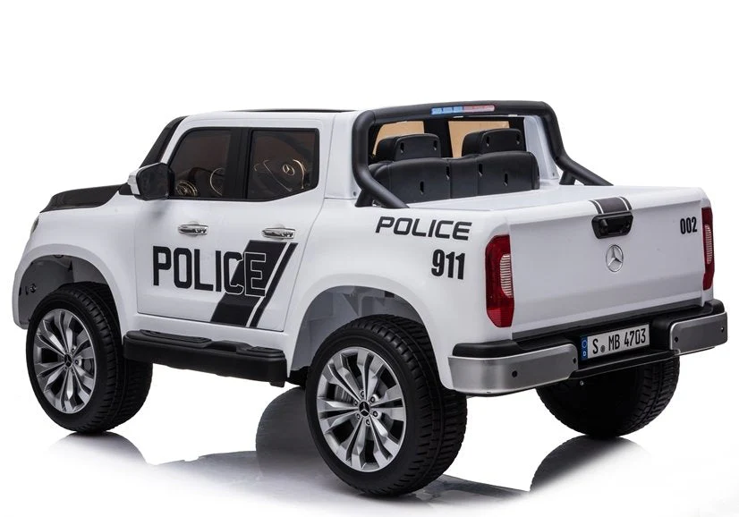 Electric ride on toy police Mercedes X Class Pick Up Truck for kids on a white background