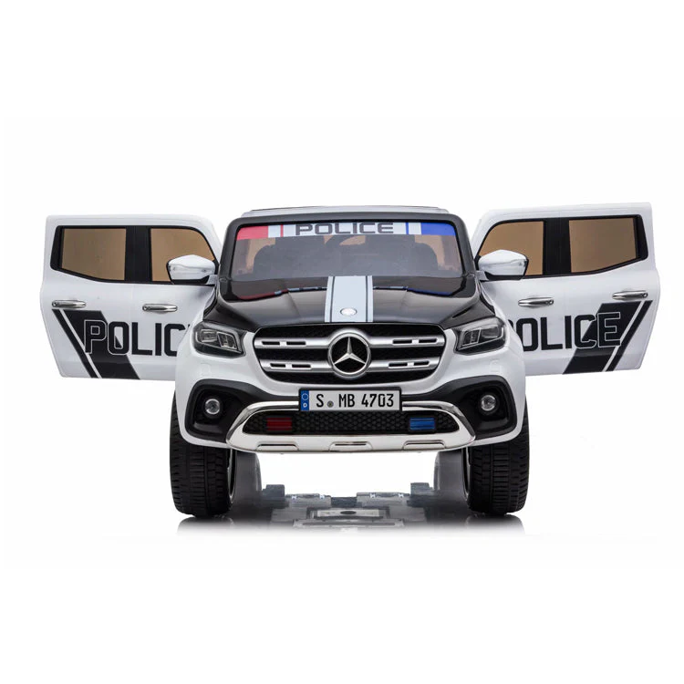 Child's model police car with open doors, Mercedes X Class style electric ride on toy on a white background.
